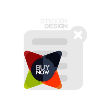 Düz tasarım üçgen ok şekli geometrik etiket simgesi, kağıt tarzı tasarım ile satın iş veya web sunumu, app veya arayüzü düğmeleri, internet web sitesi için örnek metin depolamak şimdi afiş