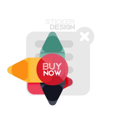 Düz tasarım üçgen ok şekli geometrik etiket simgesi, kağıt tarzı tasarım ile satın iş veya web sunumu, app veya arayüzü düğmeleri, internet web sitesi için örnek metin depolamak şimdi afiş