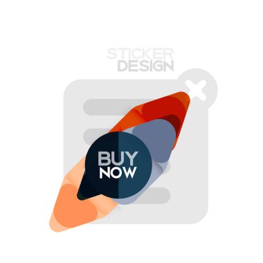 Düz tasarım üçgen ok şekli geometrik etiket simgesi, kağıt tarzı tasarım ile satın iş veya web sunumu, app veya arayüzü düğmeleri, internet web sitesi için örnek metin depolamak şimdi afiş