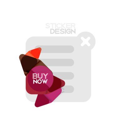 Düz tasarım üçgen ok şekli geometrik etiket simgesi, kağıt tarzı tasarım ile satın iş veya web sunumu, app veya arayüzü düğmeleri, internet web sitesi için örnek metin depolamak şimdi afiş