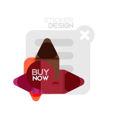 Düz tasarım üçgen ok şekli geometrik etiket simgesi, kağıt tarzı tasarım ile satın iş veya web sunumu, app veya arayüzü düğmeleri, internet web sitesi için örnek metin depolamak şimdi afiş