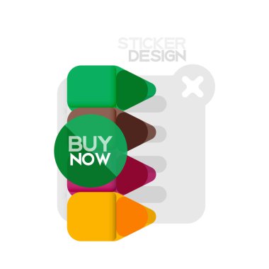 Düz tasarım üçgen ok şekli geometrik etiket simgesi, kağıt tarzı tasarım ile satın iş veya web sunumu, app veya arayüzü düğmeleri, internet web sitesi için örnek metin depolamak şimdi afiş