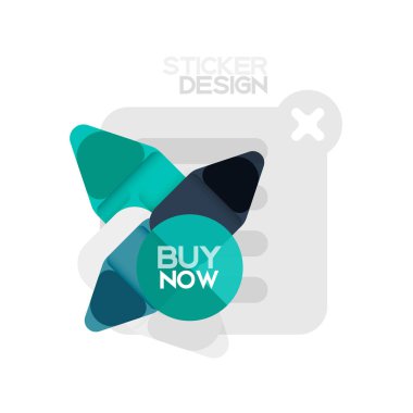 Düz tasarım üçgen ok şekli geometrik etiket simgesi, kağıt tarzı tasarım ile satın iş veya web sunumu, app veya arayüzü düğmeleri, internet web sitesi için örnek metin depolamak şimdi afiş