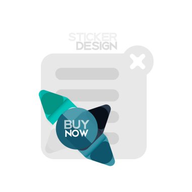 Düz tasarım üçgen ok şekli geometrik etiket simgesi, kağıt tarzı tasarım ile satın iş veya web sunumu, app veya arayüzü düğmeleri, internet web sitesi için örnek metin depolamak şimdi afiş