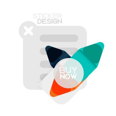 Düz tasarım üçgen ok şekli geometrik etiket simgesi, kağıt tarzı tasarım ile satın iş veya web sunumu, app veya arayüzü düğmeleri, internet web sitesi için örnek metin depolamak şimdi afiş