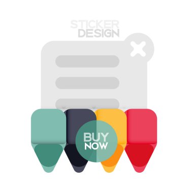 Düz tasarım üçgen ok şekli geometrik etiket simgesi, kağıt tarzı tasarım ile satın iş veya web sunumu, app veya arayüzü düğmeleri, internet web sitesi için örnek metin depolamak şimdi afiş