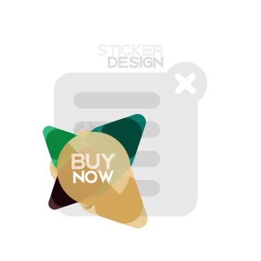 Düz tasarım üçgen ok şekli geometrik etiket simgesi, kağıt tarzı tasarım ile satın iş veya web sunumu, app veya arayüzü düğmeleri, internet web sitesi için örnek metin depolamak şimdi afiş