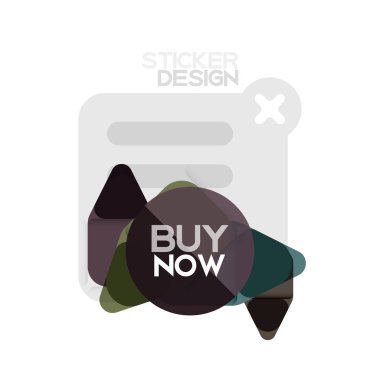 Düz tasarım üçgen ok şekli geometrik etiket simgesi, kağıt tarzı tasarım ile satın iş veya web sunumu, app veya arayüzü düğmeleri, internet web sitesi için örnek metin depolamak şimdi afiş