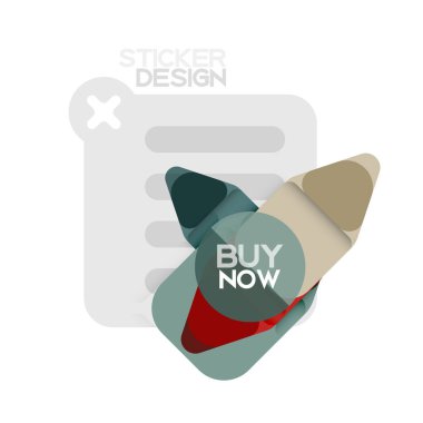 Düz tasarım üçgen ok şekli geometrik etiket simgesi, kağıt tarzı tasarım ile satın iş veya web sunumu, app veya arayüzü düğmeleri, internet web sitesi için örnek metin depolamak şimdi afiş