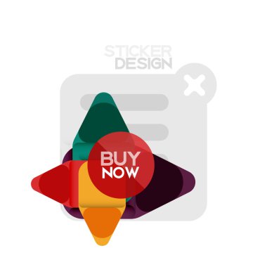 Düz tasarım üçgen ok şekli geometrik etiket simgesi, kağıt tarzı tasarım ile satın iş veya web sunumu, app veya arayüzü düğmeleri, internet web sitesi için örnek metin depolamak şimdi afiş