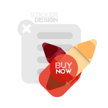 Düz tasarım üçgen ok şekli geometrik etiket simgesi, kağıt tarzı tasarım ile satın iş veya web sunumu, app veya arayüzü düğmeleri, internet web sitesi için örnek metin depolamak şimdi afiş