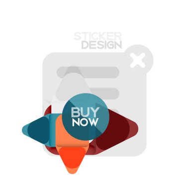 Düz tasarım üçgen ok şekli geometrik etiket simgesi, kağıt tarzı tasarım ile satın iş veya web sunumu, app veya arayüzü düğmeleri, internet web sitesi için örnek metin depolamak şimdi afiş