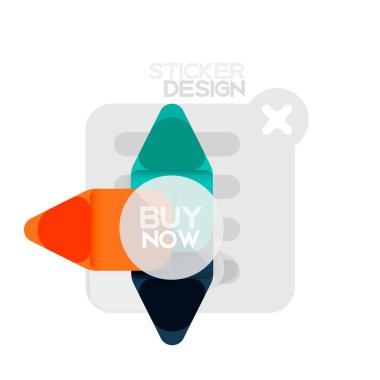 Düz tasarım üçgen ok şekli geometrik etiket simgesi, kağıt tarzı tasarım iş veya web sunumu, app veya arayüzü düğmeleri, internet web sitesi için satın almak şimdi örnek metin ile mağaza afiş ve