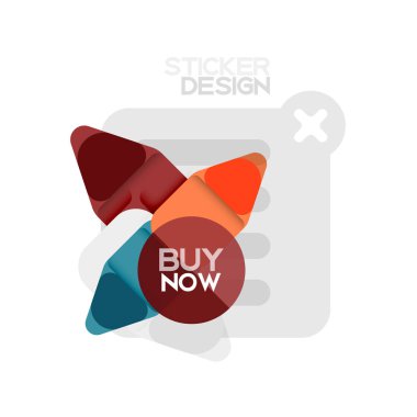 Düz tasarım üçgen ok şekli geometrik etiket simgesi, kağıt tarzı tasarım ile satın iş veya web sunumu, app veya arayüzü düğmeleri, internet web sitesi için örnek metin depolamak şimdi afiş