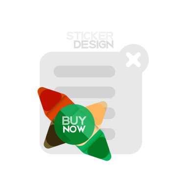 Düz tasarım üçgen ok şekli geometrik etiket simgesi, kağıt tarzı tasarım ile satın iş veya web sunumu, app veya arayüzü düğmeleri, internet web sitesi için örnek metin depolamak şimdi afiş