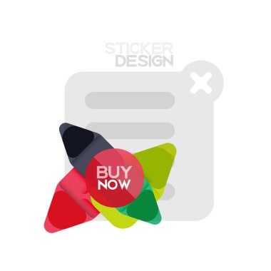 Düz tasarım üçgen ok şekli geometrik etiket simgesi, kağıt tarzı tasarım ile satın iş veya web sunumu, app veya arayüzü düğmeleri, internet web sitesi için örnek metin depolamak şimdi afiş