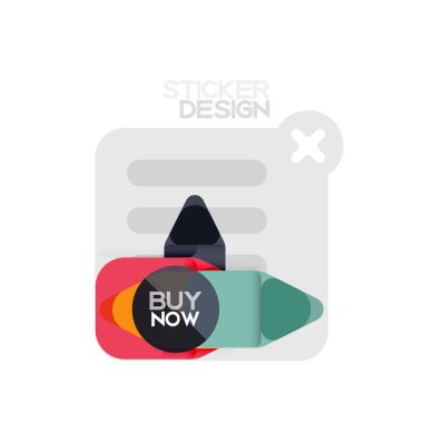 Düz tasarım üçgen ok şekli geometrik etiket simgesi, kağıt tarzı tasarım ile satın iş veya web sunumu, app veya arayüzü düğmeleri, internet web sitesi için örnek metin depolamak şimdi afiş