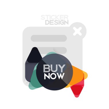 Düz tasarım üçgen ok şekli geometrik etiket simgesi, kağıt tarzı tasarım ile satın iş veya web sunumu, app veya arayüzü düğmeleri, internet web sitesi için örnek metin depolamak şimdi afiş