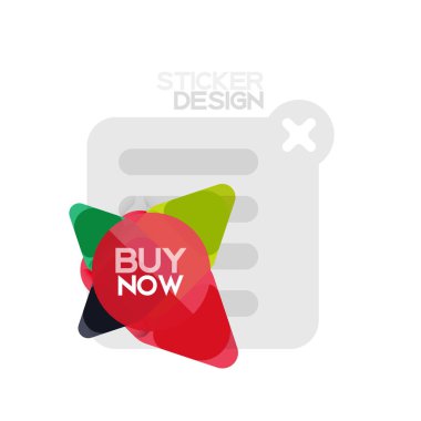 Düz tasarım üçgen ok şekli geometrik etiket simgesi, kağıt tarzı tasarım ile satın iş veya web sunumu, app veya arayüzü düğmeleri, internet web sitesi için örnek metin depolamak şimdi afiş