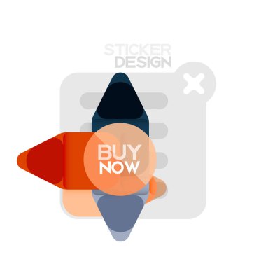 Düz tasarım üçgen ok şekli geometrik etiket simgesi, kağıt tarzı tasarım ile satın iş veya web sunumu, app veya arayüzü düğmeleri, internet web sitesi için örnek metin depolamak şimdi afiş