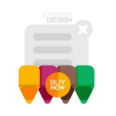 Düz tasarım üçgen ok şekli geometrik etiket simgesi, kağıt tarzı tasarım ile satın iş veya web sunumu, app veya arayüzü düğmeleri, internet web sitesi için örnek metin depolamak şimdi afiş