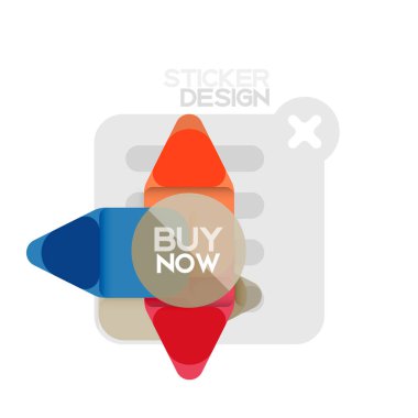 Düz tasarım üçgen ok şekli geometrik etiket simgesi, kağıt tarzı tasarım ile satın iş veya web sunumu, app veya arayüzü düğmeleri, internet web sitesi için örnek metin depolamak şimdi afiş