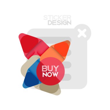 Düz tasarım üçgen ok şekli geometrik etiket simgesi, kağıt tarzı tasarım ile satın iş veya web sunumu, app veya arayüzü düğmeleri, internet web sitesi için örnek metin depolamak şimdi afiş