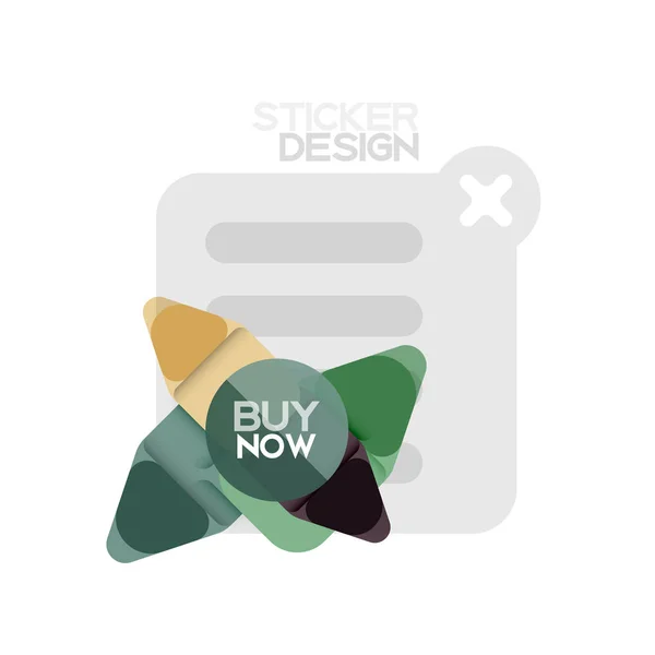 Flat design triangle arrow shape geometric sticker icon, paper style design with buy now sample text, for business or web presentation, app or interface buttons, internet website store banners — Stock Vector