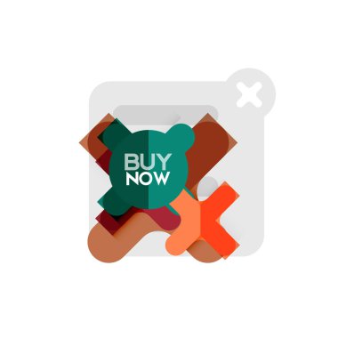 Düz tasarım çapraz şekil geometrik etiket simge, kağıt tarzı tasarım şimdi satın almak ile iş veya web sunum, app veya arayüzü düğmeleri için örnek metin
