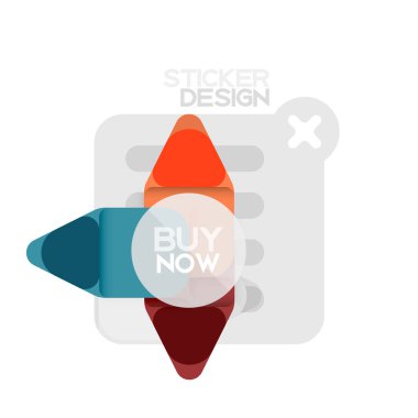 Düz tasarım üçgen ok şekli geometrik etiket simgesi, kağıt tarzı tasarım ile satın iş veya web sunumu, app veya arayüzü düğmeleri, internet web sitesi için örnek metin depolamak şimdi afiş