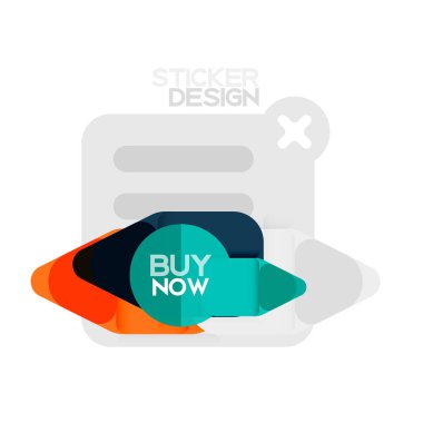 Düz tasarım üçgen ok şekli geometrik etiket simgesi, kağıt tarzı tasarım ile satın iş veya web sunumu, app veya arayüzü düğmeleri, internet web sitesi için örnek metin depolamak şimdi afiş