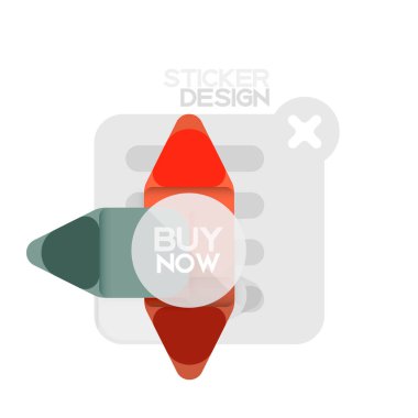 Düz tasarım üçgen ok şekli geometrik etiket simgesi, kağıt tarzı tasarım iş veya web sunumu, app veya arayüzü düğmeleri, internet web sitesi için satın almak şimdi örnek metin ile mağaza afiş ve