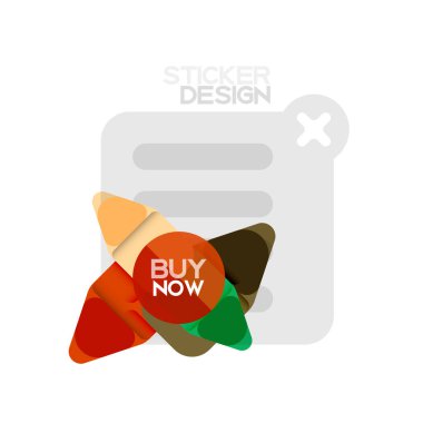 Düz tasarım üçgen ok şekli geometrik etiket simgesi, kağıt tarzı tasarım ile satın iş veya web sunumu, app veya arayüzü düğmeleri, internet web sitesi için örnek metin depolamak şimdi afiş