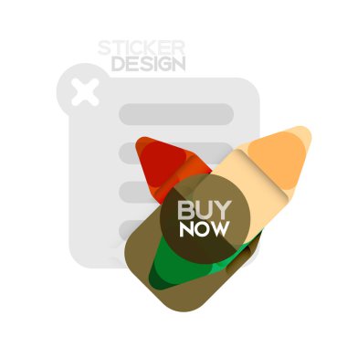 Düz tasarım üçgen ok şekli geometrik etiket simgesi, kağıt tarzı tasarım ile satın iş veya web sunumu, app veya arayüzü düğmeleri, internet web sitesi için örnek metin depolamak şimdi afiş