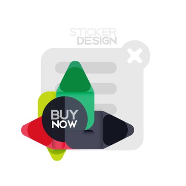 Düz tasarım üçgen ok şekli geometrik etiket simgesi, kağıt tarzı tasarım ile satın iş veya web sunumu, app veya arayüzü düğmeleri, internet web sitesi için örnek metin depolamak şimdi afiş