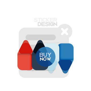 Düz tasarım üçgen ok şekli geometrik etiket simgesi, kağıt tarzı tasarım ile satın iş veya web sunumu, app veya arayüzü düğmeleri, internet web sitesi için örnek metin depolamak şimdi afiş