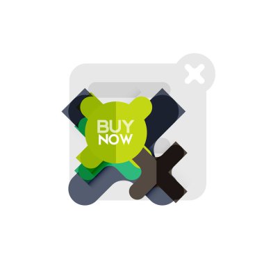 Düz tasarım çapraz şekil geometrik etiket simge, kağıt tarzı tasarım şimdi satın almak ile iş veya web sunum, app veya arayüzü düğmeleri için örnek metin