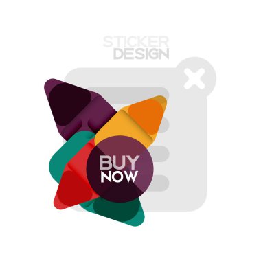 Düz tasarım üçgen ok şekli geometrik etiket simgesi, kağıt tarzı tasarım ile satın iş veya web sunumu, app veya arayüzü düğmeleri, internet web sitesi için örnek metin depolamak şimdi afiş