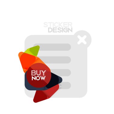 Düz tasarım üçgen ok şekli geometrik etiket simgesi, kağıt tarzı tasarım ile satın iş veya web sunumu, app veya arayüzü düğmeleri, internet web sitesi için örnek metin depolamak şimdi afiş