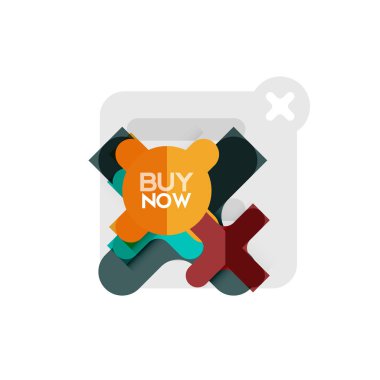 Düz tasarım çapraz şekil geometrik etiket simge, kağıt tarzı tasarım şimdi satın almak ile iş veya web sunum, app veya arayüzü düğmeleri için örnek metin