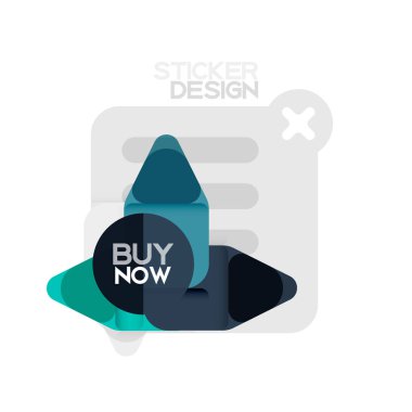 Düz tasarım üçgen ok şekli geometrik etiket simgesi, kağıt tarzı tasarım ile satın iş veya web sunumu, app veya arayüzü düğmeleri, internet web sitesi için örnek metin depolamak şimdi afiş