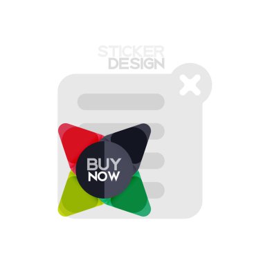 Düz tasarım üçgen ok şekli geometrik etiket simgesi, kağıt tarzı tasarım ile satın iş veya web sunumu, app veya arayüzü düğmeleri, internet web sitesi için örnek metin depolamak şimdi afiş