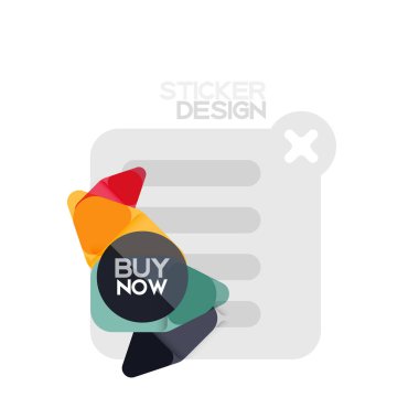 Düz tasarım üçgen ok şekli geometrik etiket simgesi, kağıt tarzı tasarım ile satın iş veya web sunumu, app veya arayüzü düğmeleri, internet web sitesi için örnek metin depolamak şimdi afiş