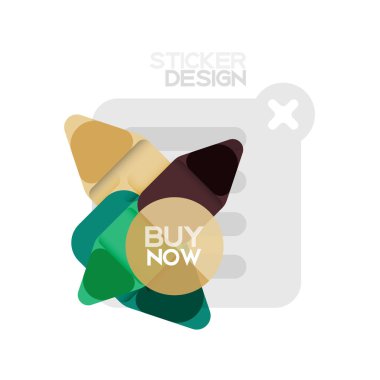 Düz tasarım üçgen ok şekli geometrik etiket simgesi, kağıt tarzı tasarım ile satın iş veya web sunumu, app veya arayüzü düğmeleri, internet web sitesi için örnek metin depolamak şimdi afiş