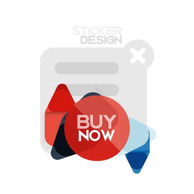 Düz tasarım üçgen ok şekli geometrik etiket simgesi, kağıt tarzı tasarım ile satın iş veya web sunumu, app veya arayüzü düğmeleri, internet web sitesi için örnek metin depolamak şimdi afiş