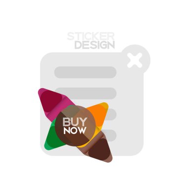 Düz tasarım üçgen ok şekli geometrik etiket simgesi, kağıt tarzı tasarım ile satın iş veya web sunumu, app veya arayüzü düğmeleri, internet web sitesi için örnek metin depolamak şimdi afiş