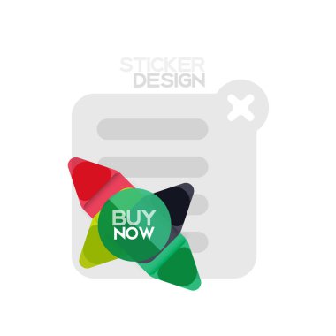 Düz tasarım üçgen ok şekli geometrik etiket simgesi, kağıt tarzı tasarım ile satın iş veya web sunumu, app veya arayüzü düğmeleri, internet web sitesi için örnek metin depolamak şimdi afiş