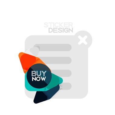Düz tasarım üçgen ok şekli geometrik etiket simgesi, kağıt tarzı tasarım ile satın iş veya web sunumu, app veya arayüzü düğmeleri, internet web sitesi için örnek metin depolamak şimdi afiş