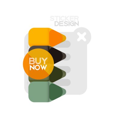 Düz tasarım üçgen ok şekli geometrik etiket simgesi, kağıt tarzı tasarım ile satın iş veya web sunumu, app veya arayüzü düğmeleri, internet web sitesi için örnek metin depolamak şimdi afiş