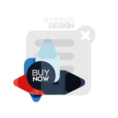 Düz tasarım üçgen ok şekli geometrik etiket simgesi, kağıt tarzı tasarım ile satın iş veya web sunumu, app veya arayüzü düğmeleri, internet web sitesi için örnek metin depolamak şimdi afiş